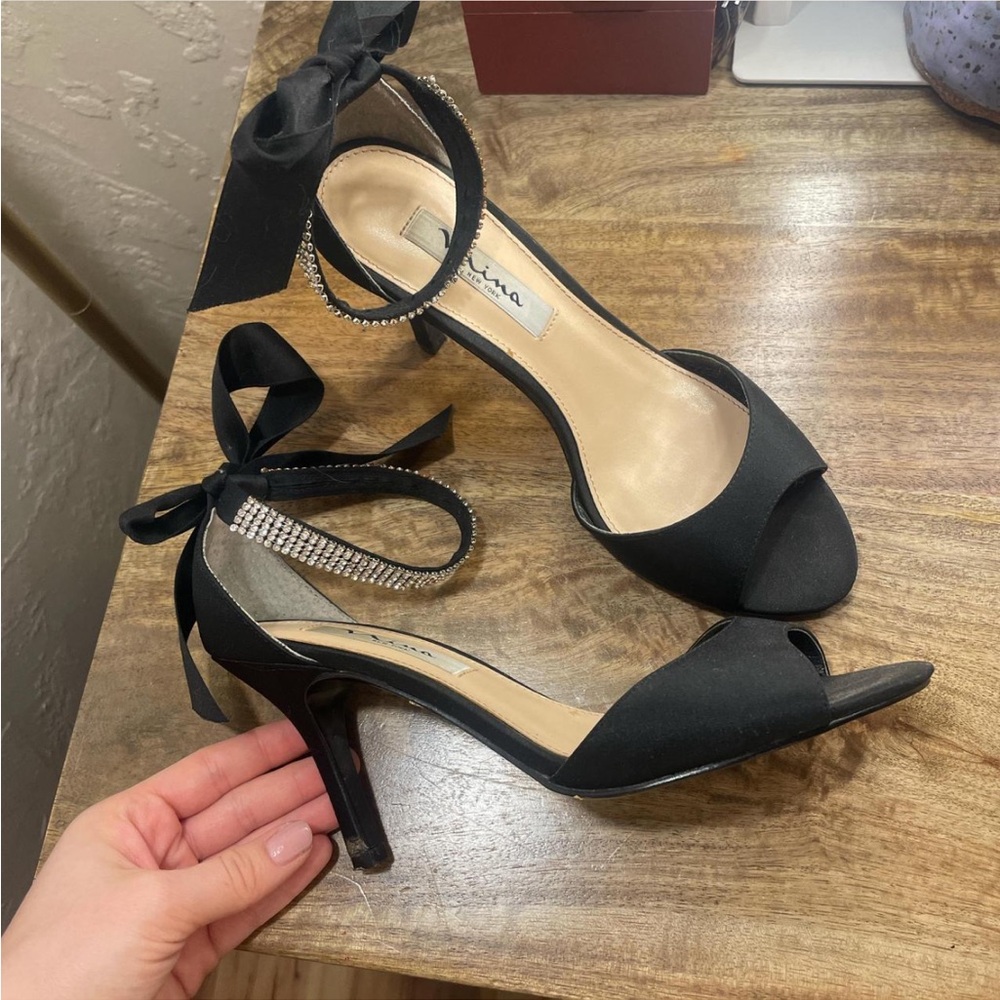 Nina Black Satin Open-Toe Ankle-Tie Heels with Crystal Strap